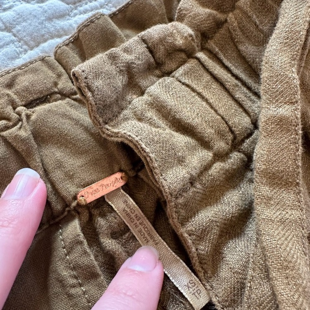 Free People Drawstring Linen-Blend Paperbag Waist Pants in Caramel Brown - Picture 3 of 7